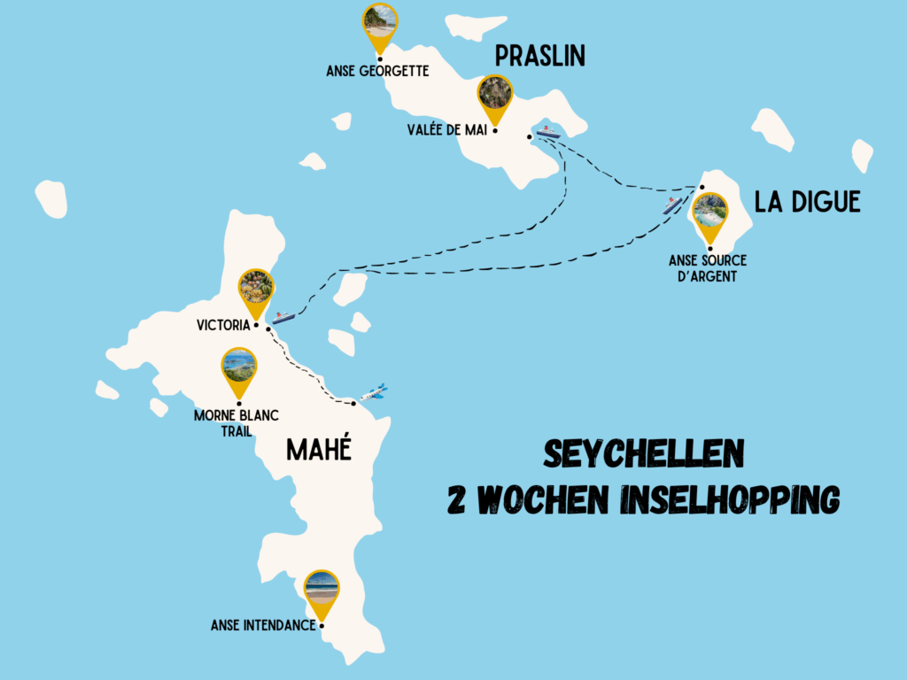 Karte der Seychellen mit eingezeichneter Seychellen Inselhopping Route über Mahé, Praslin und La Digue