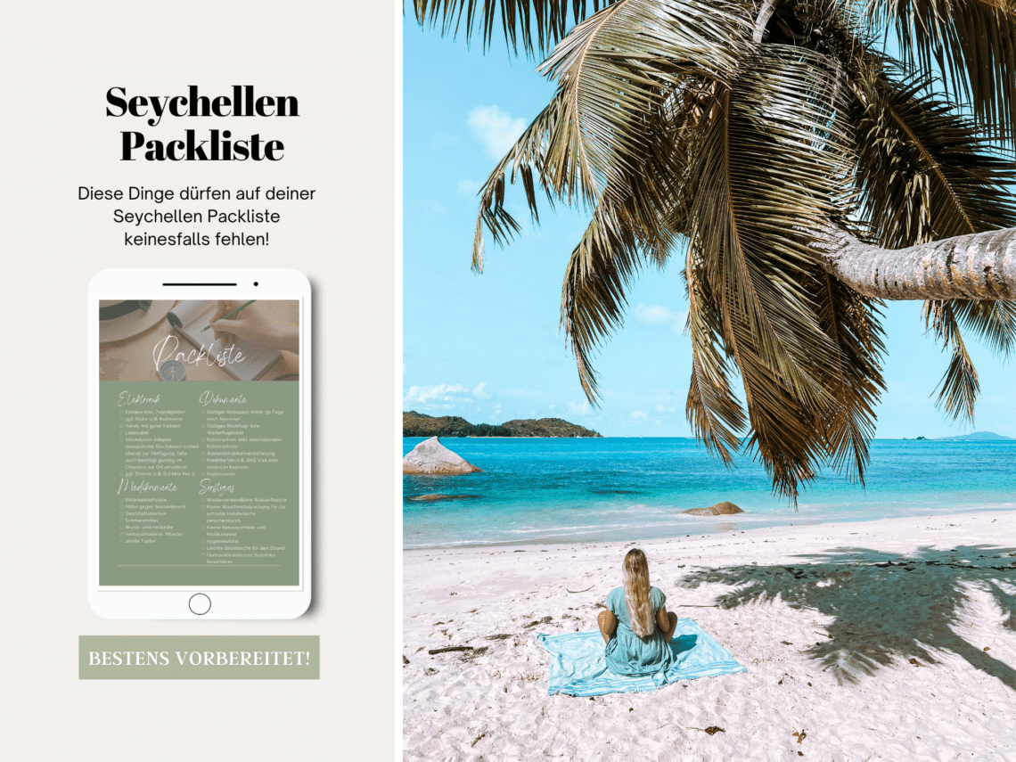 Seychellen Packliste mit Reiseutensilien und Foto einer Reisenden, die unter einer Palme am Strand sitzt und auf das türkisfarbene Meer blickt