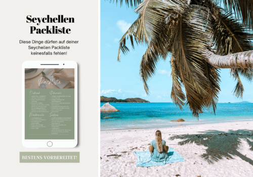 Seychellen Packliste mit Reiseutensilien und Foto einer Reisenden, die unter einer Palme am Strand sitzt und auf das türkisfarbene Meer blickt