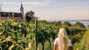Bodensee Sehenswürdigkeiten - Aussicht über die Weinberge und den See bei der Wallfahrtskirche Birnau